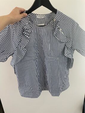 Harshman Navy & White Striped Ruffle Short-Sleeve Blouse